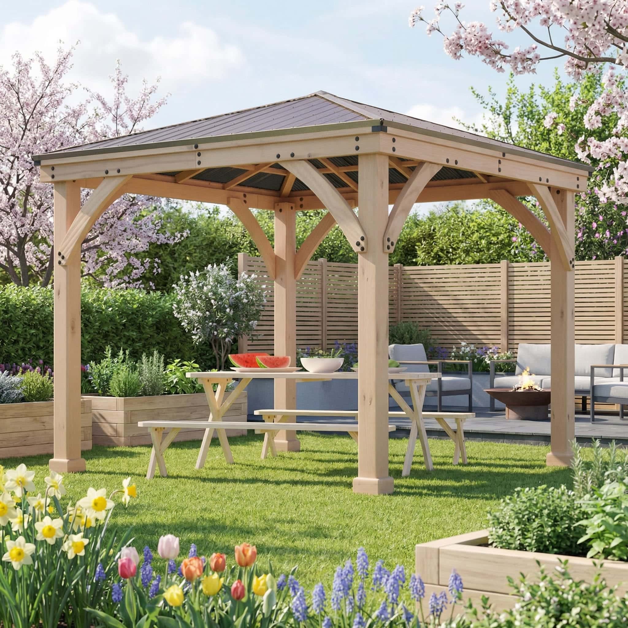 Yardistry Wooden Gazebo 10ft x 10ft (3m x 3m), Meridian Series 3m x 3m Wooden Gazebo yardistrydirect.co.uk 1