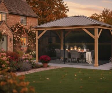 Wooden Yardistry gazebo with dining set and candles in a landscaped garden at sunset