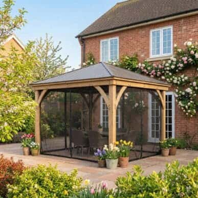 Yardistry Wooden Gazebo 12ft x 12ft (3.7m x 3.7m) with Mesh Curtains 3.7m x 3.7m Wooden Gazebo yardistrydirect.co.uk 1
