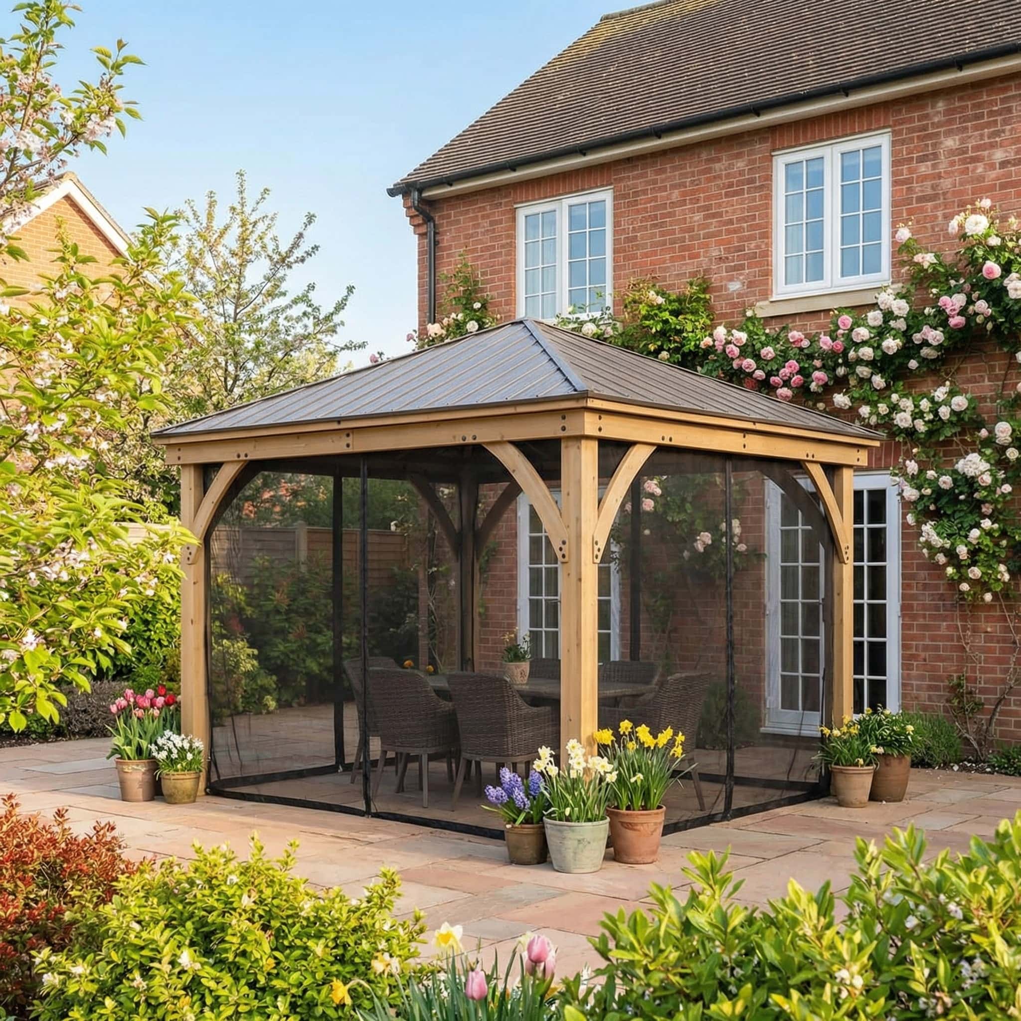 Yardistry Wooden Gazebo 12ft x 12ft (3.7m x 3.7m) with Mesh Curtains 3.7m x 3.7m Wooden Gazebo yardistrydirect.co.uk 1