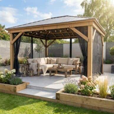 Yardistry Wooden Gazebo 12ft x 16ft (3.7m x 4.9m) with Mesh Curtains 3.7m x 4.9m Wooden Gazebo yardistrydirect.co.uk 1