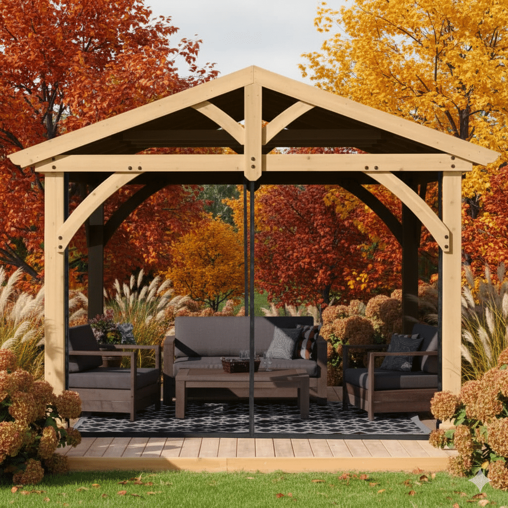 Wooden gazebo with a peaked roof and sturdy beams, featuring cushioned chairs and a sofa around a central coffee table on a patterned outdoor rug, surrounded by ornamental grasses and autumn trees with red, orange, and yellow foliage.