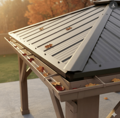 Yardistry gazebo metal roof with gutter system and autumn leaves