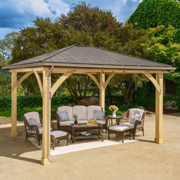 Yardistry Wooden Gazebo 12ft x 14ft (3.7 x 4.3m) with Rain Guttering, Meridian Series