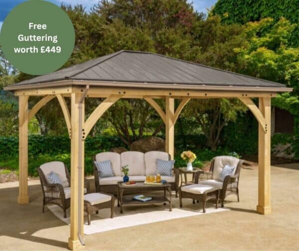 Yardistry Wooden Gazebo 12ft x 14ft (4.3 x 3.7m) with Rain Guttering, Meridian Series