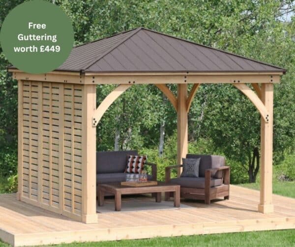 Yardistry Wooden Gazebo 10ft x 12ft (3m x 3.7m) with 10ft Privacy Wall, Meridian Series