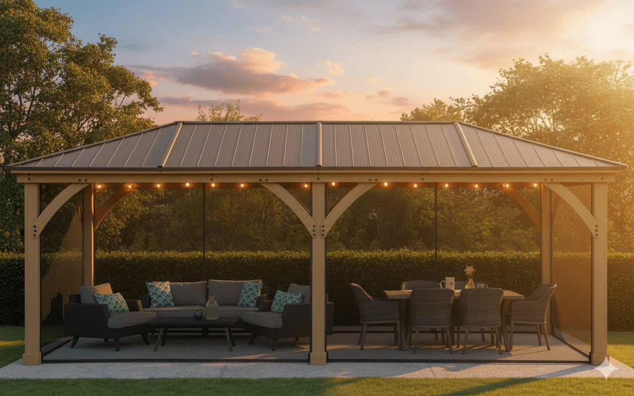 Wooden gazebo with a metal roof and string lights, featuring a sectional sofa with patterned cushions and a dining table with six wicker chairs, set on a concrete patio surrounded by lawn, hedge, and trees at sunset.