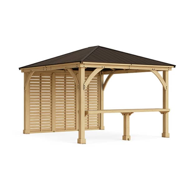 Yardistry Wooden Gazebo 12ft x 14ft (3.7m x 4.3m) with Privacy Wall & Wooden Bar Counter