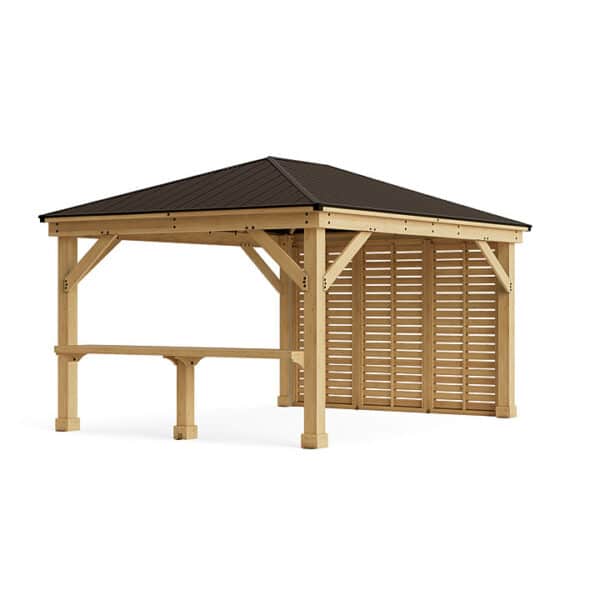 Yardistry Wooden Gazebo 12ft x 16ft (3.7m x 4.9m) with Privacy Wall & Wooden Bar Counter
