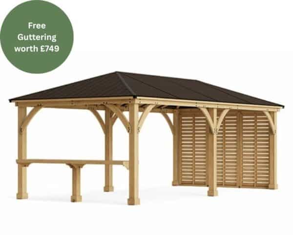 Yardistry Wooden Gazebo 12ft x 24ft (3.7m x 7.4m) with Privacy Wall & Wooden Bar Counter