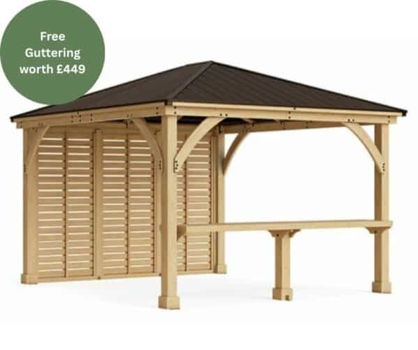 Yardistry Wooden Gazebo 12ft x 14ft (3.7m x 4.3m) with Privacy Wall & Wooden Bar Counter