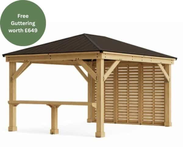 Yardistry Wooden Gazebo 12ft x 16ft (3.7m x 4.9m) with Privacy Wall & Wooden Bar Counter