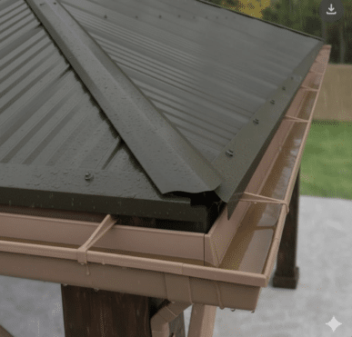 Close-up of a Yardistry gazebo roof with rainwater gutter system and metal panels