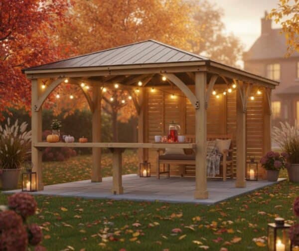 Yardistry Wooden Gazebo 12ft x 24ft (3.7m x 7.4m) with Wall & Wooden Shelf