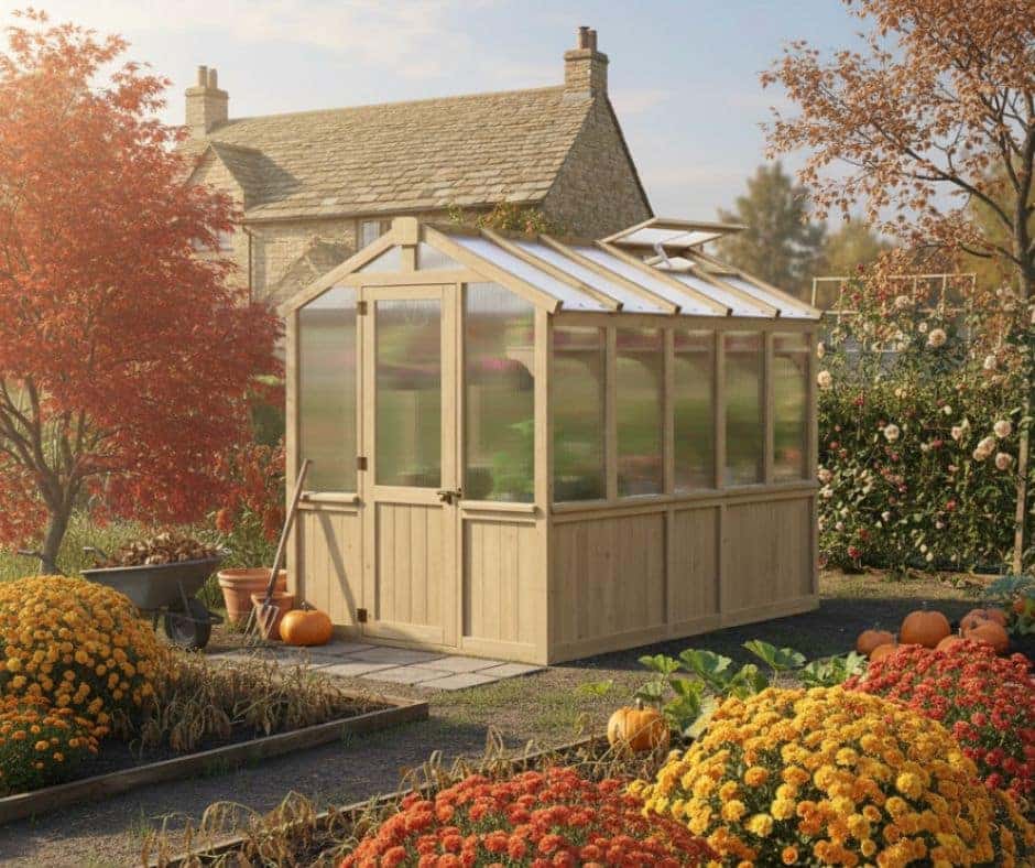 Yardistry Wooden Greenhouse 6.7ft x 9.7ft (2.04m x 2.9m), Meridian Series Greenhouse at Home Premium Cedar Gazebos with Aluminium Roofs Wooden greenhouse with transparent panels surrounded by pumpkins, chrysanthemums, and autumn foliage, set on a stone path in a garden with a stone cottage in the background.