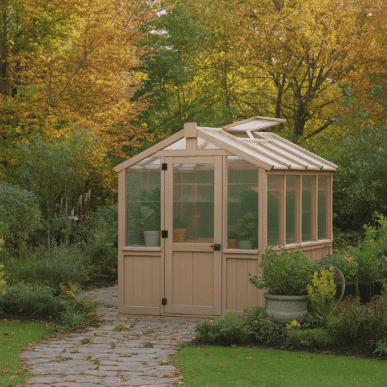 Yardistry Wooden Greenhouse 6.7 ft x 7.8 ft (2.06 m x 2.38 m), Meridian Series 100% premium Cedar (Cunninghamia Lanceolata) Premium Cedar Gazebos with Aluminium Roofs Light-colored wooden greenhouse with transparent panels and a gabled roof, set in a landscaped garden with a stone pathway, surrounded by lush greenery, flowering plants, and trees with autumn foliage.