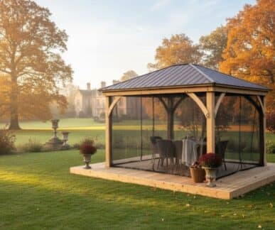 Wooden gazebo with mesh screens and a metal roof on a raised platform, set in a landscaped garden with red flowers and autumn trees, with a mansion in the background.