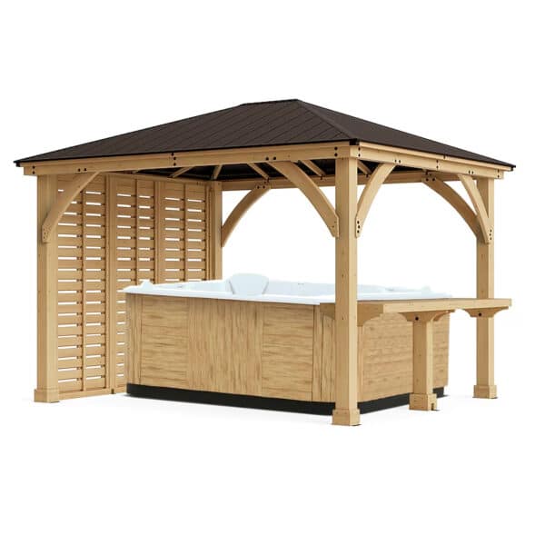 Deluxe Wooden Hot Tub Shelter 12ft x 16ft with Privacy Wall & Wooden Counter