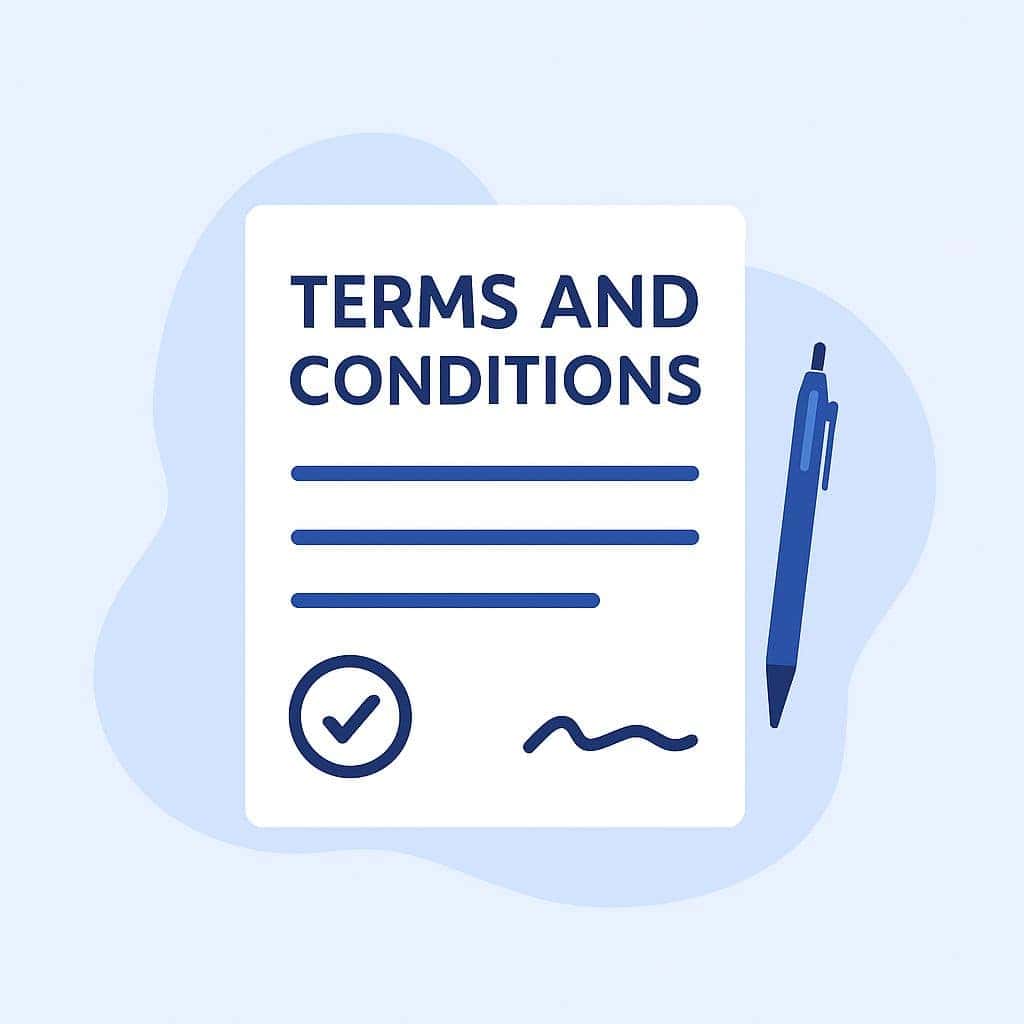Illustration of a “Terms and Conditions” document with bold heading, checkmark icon, and pen, set against a soft blue abstract background.