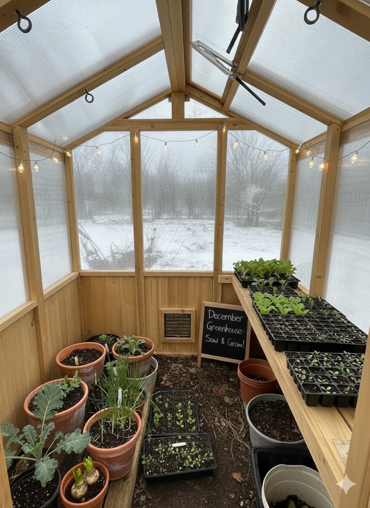 This clear photo based image offers an interior view of a well-utilised Yardistry Meridian wooden greenhouse during cold winter weather.

The structure is framed with light-coloured premium cedar wood that has been pre stained in a natural colour stain, and the roof and side panels are made of clear, translucent polycarbonate material, allowing natural light to enter. Looking out towards the back, a snowy, misty, and barren winter landscape is visible, with snow-trimmed twigs and bare branches on the trees, suggesting low temperatures and short winter days outside. String lights are hung along the rafters, providing a cosy and welcoming atmosphere.

The interior is actively set up for winter gardening, focusing on caring for and nurturing plants inside where the conditions are clearly more favourable than outside. 

Right Side: A wooden shelf holds numerous black plastic seed trays and modules filled with thriving seedlings and leafy green plants, suggesting early propagation or the growing of hardy winter crops.

Left Side & Floor: The earthen floor area is lined with various terracotta and plastic pots in differing colours. These pots contain established plants, including kale with large leaves, chives, and what appear to be bulbs just beginning to sprout.

Centre: Near a small wooden vent at the back, a miniature chalkboard sign stands on the ground, reading: "December Greenhouse: Sow & Grow!".  A timely reminder of the garden jobs that need to be undertaken during the winter months. 

The overall scene conveys a feeling of warmth and active cultivation contrasting sharply with the cold environment outside.
