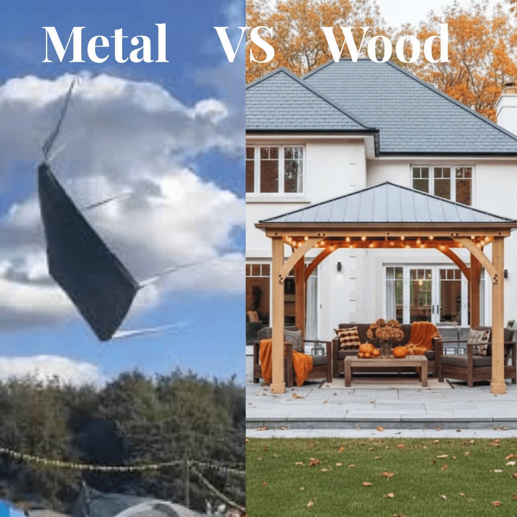 Split image showing airborne metal roof panel on left and stable wooden gazebo with autumn decor on right