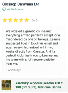 Customer review for Yardistry gazebo with 5-star rating and mention of replacement part from Canada
