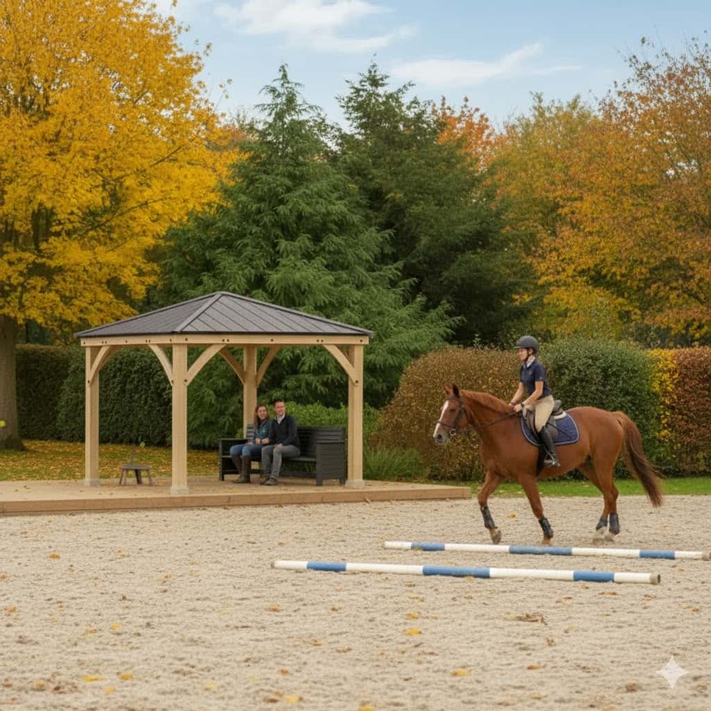 Equestrian training session in autumn with rider and horse in outdoor arena beside wooden gazebo.