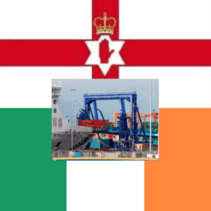 Composite image showing Northern Ireland and Republic of Ireland flags with a cargo port representing cross-border trade.