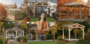 Collage of six Yardistry outdoor structures including gazebos, pergolas, and a greenhouse in UK garden settings.