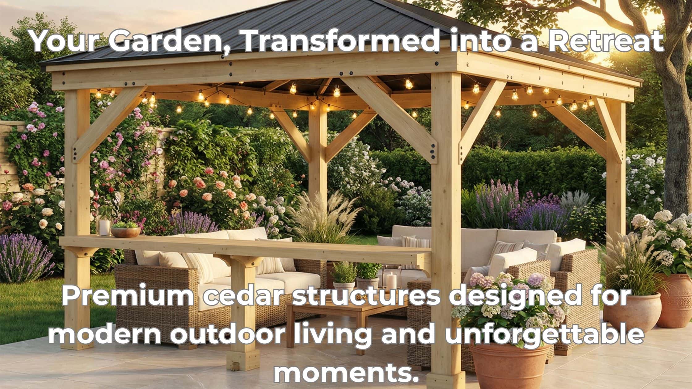 Cedar garden structure with a metal roof, wicker seating, string lights, and surrounding flowers in a landscaped garden at sunset.